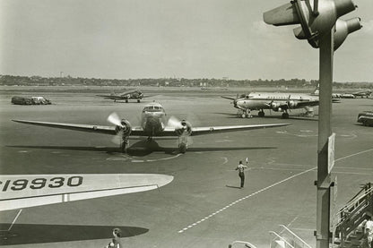 Retro Airplanes on an Airport Runway | Vintage Black and White Photo | Aviation History Poster - Vintage & Retro Poster