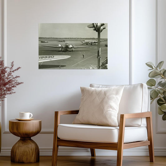 Retro Airplanes on an Airport Runway | Vintage Black and White Photo | Aviation History Poster - Vintage & Retro Poster