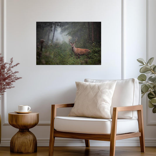 Red Deer Stag in Dense Forest Undergrowth | Foggy Wildlife Photography | Nature Wall Art Poster - Photography Poster