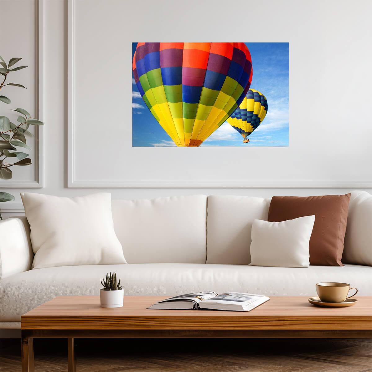 Two Hot Air Balloons Against a Blue Sky | Adventure Photography Poster - Photography Poster