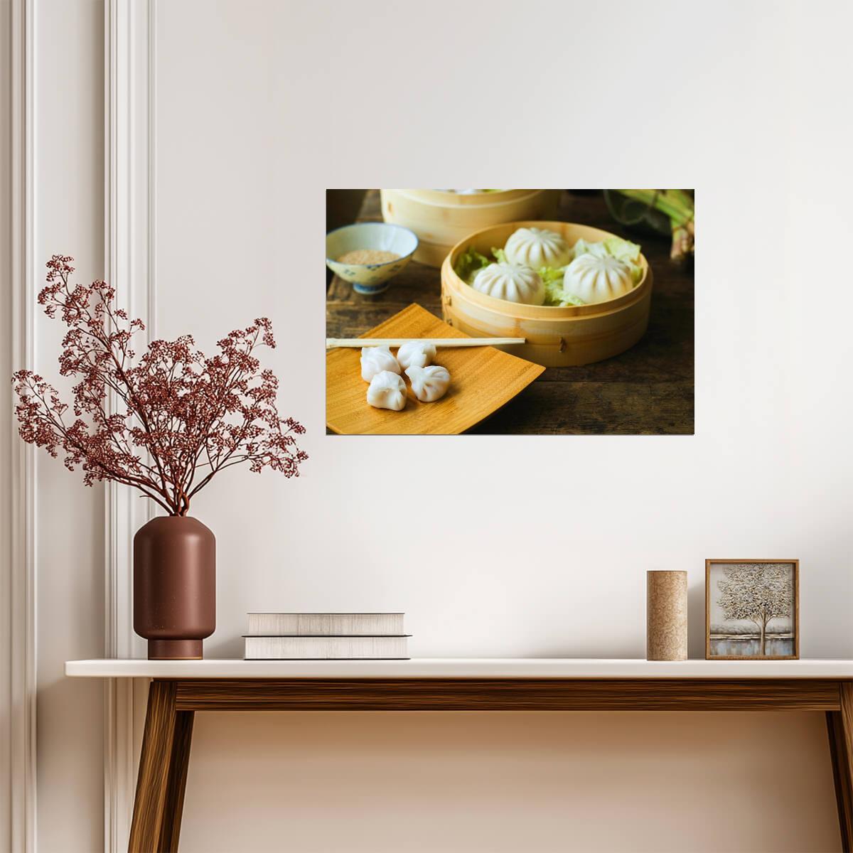 Asian Dumplings in a Steamer | Food Photography Print | Kitchen Wall Decor Poster - Photography Poster