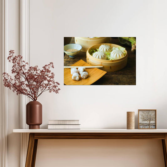 Asian Dumplings in a Steamer | Food Photography Print | Kitchen Wall Decor Poster - Photography Poster