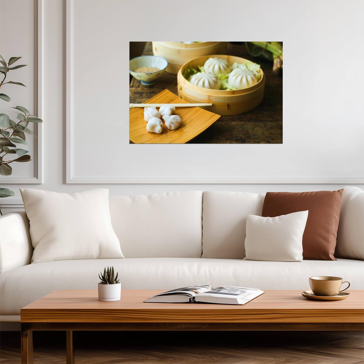 Asian Dumplings in a Steamer | Food Photography Print | Kitchen Wall Decor Poster - Photography Poster