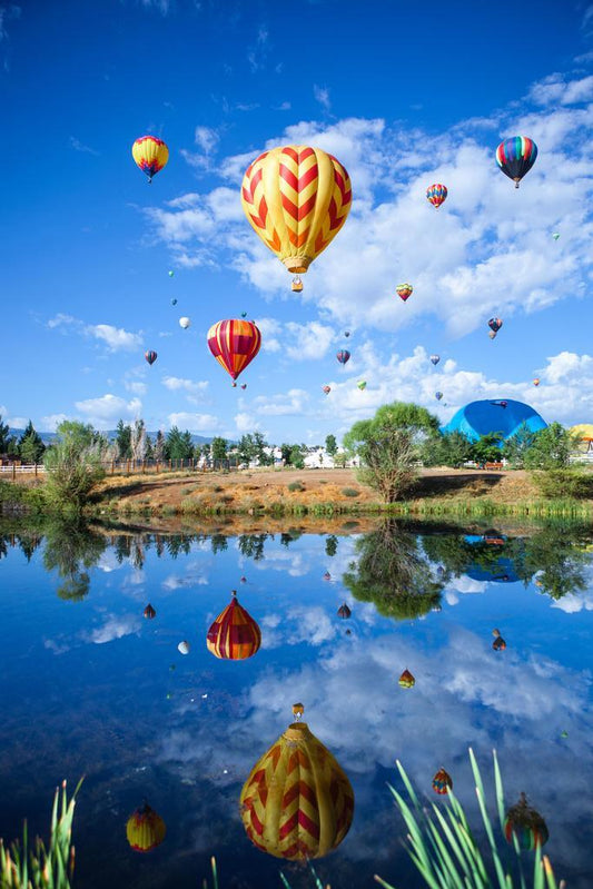 Hot Air Balloons Rising Over a Pond | Landscape Photography | Reflection Poster - Photography Poster