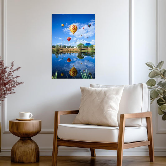 Hot Air Balloons Rising Over a Pond | Landscape Photography | Reflection Poster - Photography Poster