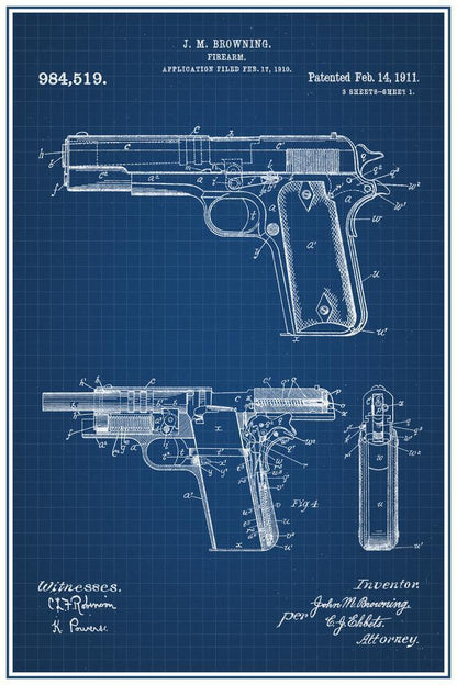 Browning M1911 Handgun Patent | 1911 Firearm Blueprint | Military Art Poster - Vintage & Retro Poster