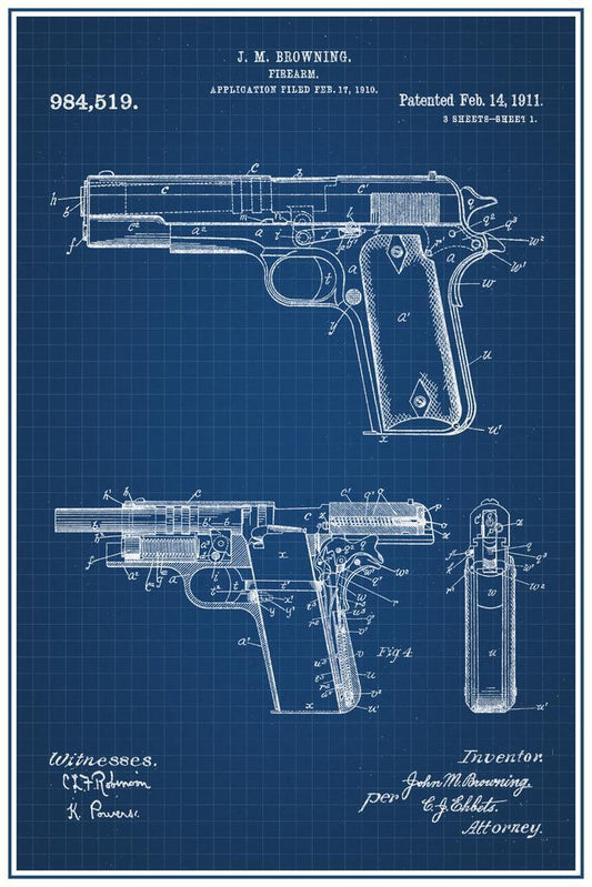 Browning M1911 Handgun Patent | 1911 Firearm Blueprint | Military Art Poster - Vintage & Retro Poster