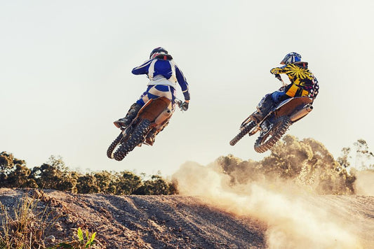 Dirt Bike Riders Mid-Air Jump | Motocross Photography Poster | Extreme Sports Art - Sports Poster