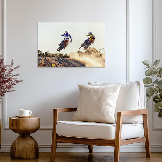 Dirt Bike Riders Mid-Air Jump | Motocross Photography Poster | Extreme Sports Art - Sports Poster