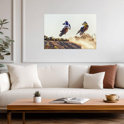 Dirt Bike Riders Mid-Air Jump | Motocross Photography Poster | Extreme Sports Art - Sports Poster