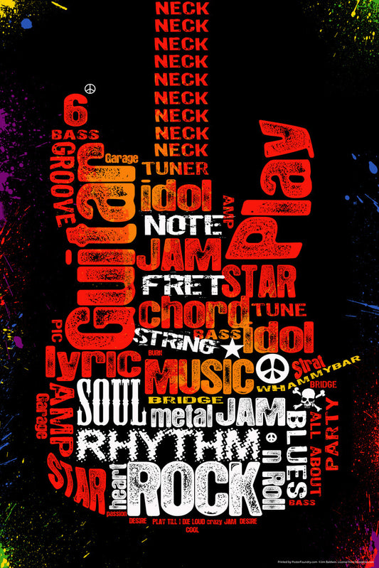Guitar Shaped Word Cloud Art | Music Themed Typography Poster | Gift for Musician - Music Poster