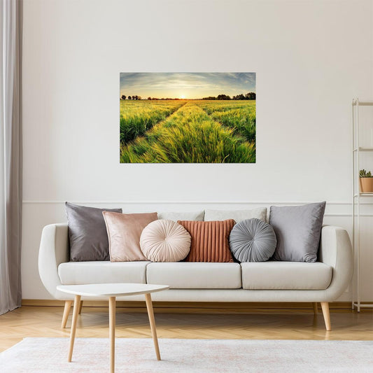 Rural Sunset Farm Poster | Spring Wheat Field Photography | Countryside Wall Art