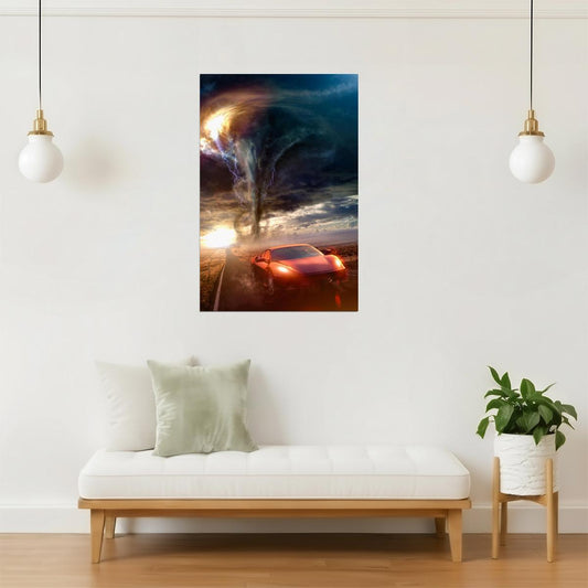 Red Sports Car and Tornado Poster | Dramatic Action Photography | Car Wall Art