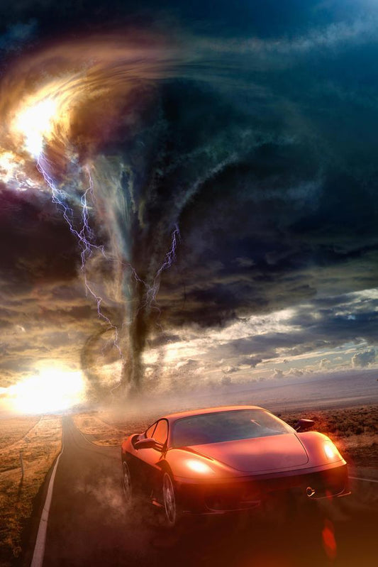 Red Sports Car and Tornado Poster | Dramatic Action Photography | Car Wall Art