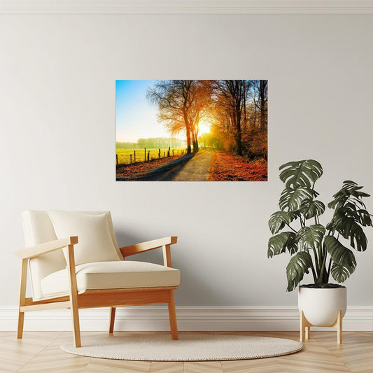 Autumn Country Road Poster | Sunset Farm Fields | Rural Landscape Photography