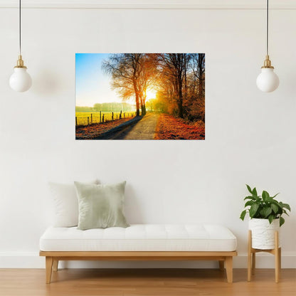 Autumn Country Road Poster | Sunset Farm Fields | Rural Landscape Photography