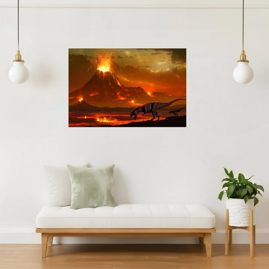Tyrannosaurus Dinosaur Poster | Volcanic Landscape Art Print | Prehistoric Wall Art