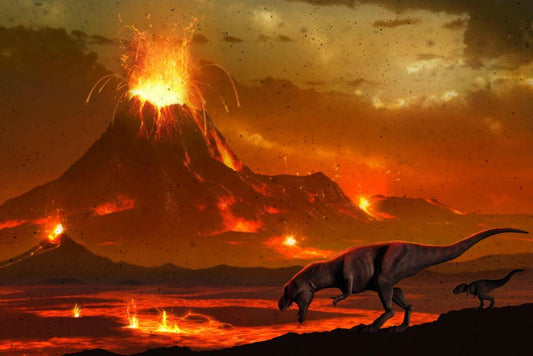 Tyrannosaurus Dinosaur Poster | Volcanic Landscape Art Print | Prehistoric Wall Art