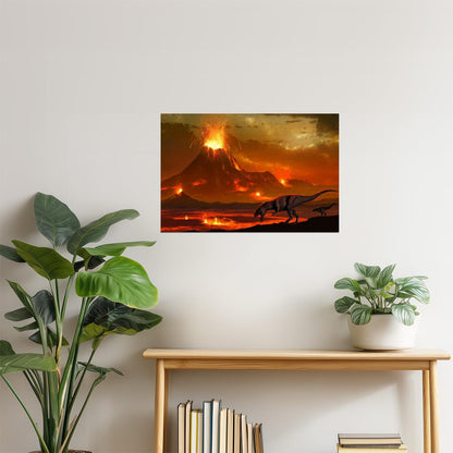 Tyrannosaurus Dinosaur Poster | Volcanic Landscape Art Print | Prehistoric Wall Art