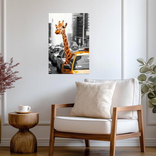 New York Safari | Giraffe in a Taxi | Surreal NYC Animal Art Poster - Graphic & Art Poster
