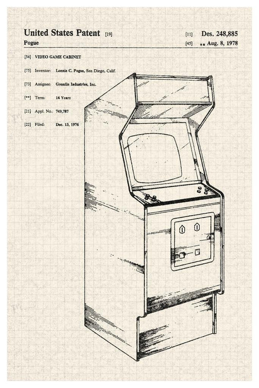 Vintage Arcade Cabinet Patent | Retro Gaming Poster | 80s Gamer Blueprint Art