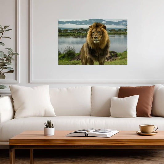 African Lion at a Lake in the Serengeti | National Park Wildlife Photography | Safari Poster - Photography Poster