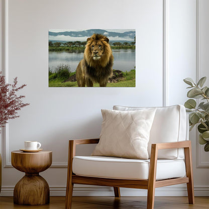 African Lion at a Lake in the Serengeti | National Park Wildlife Photography | Safari Poster - Photography Poster