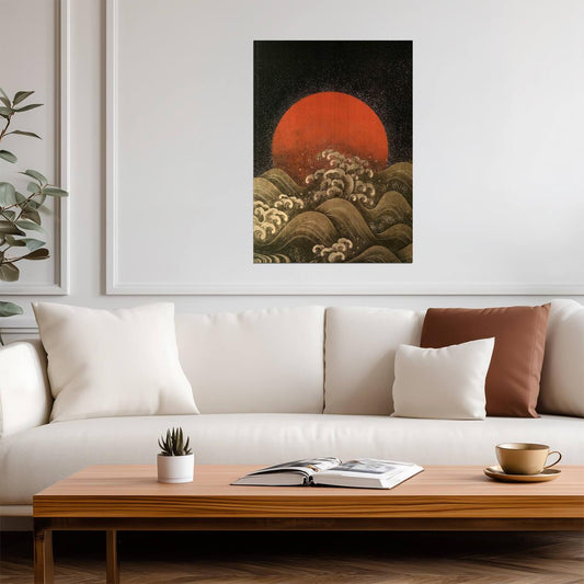 Red Sun Over a Stormy Sea | Japanese Ukiyo-e Style Art | Vintage Wall Poster