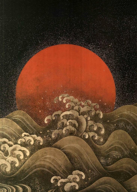 Red Sun Over a Stormy Sea | Japanese Ukiyo-e Style Art | Vintage Wall Poster