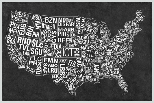 USA Airport Codes Map | Black and White Typography Art | Aviation Travel Poster - Maps Poster