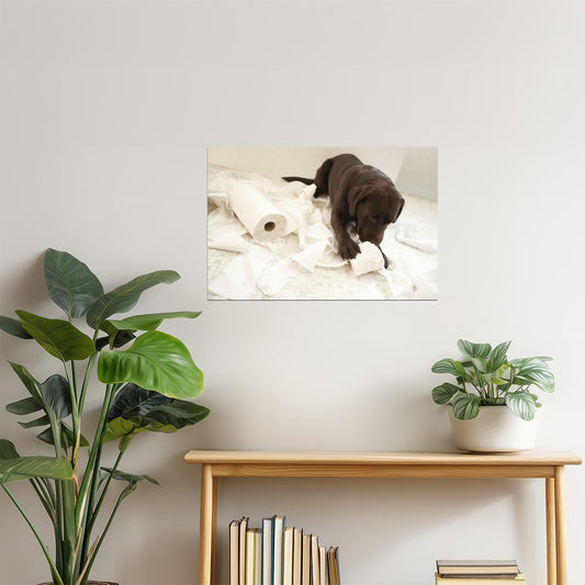Funny Dog Making a Mess Poster | Bathroom Humor | Puppy Wall Art