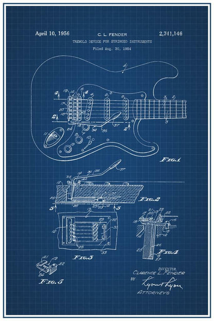 Fender Stratocaster Electric Guitar Patent | Music Blueprint Poster | Musician Gift - Vintage & Retro Poster