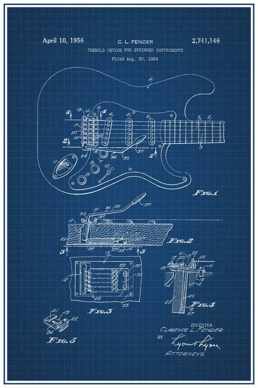 Fender Stratocaster Electric Guitar Patent | Music Blueprint Poster | Musician Gift - Vintage & Retro Poster