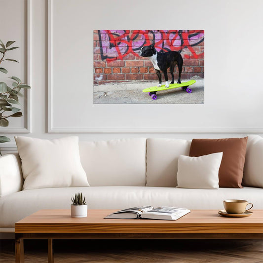 Boston Terrier on a Skateboard | Funny Dog Photography | Urban Pet Poster - Photography Poster