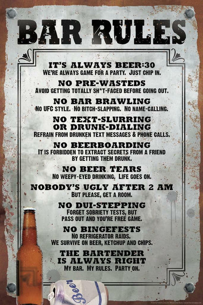 Vintage Style Bar Rules | Funny Drinking Sign | Retro Pub & Man Cave Poster - Type & Quotes Poster