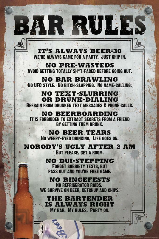 Vintage Style Bar Rules | Funny Drinking Sign | Retro Pub & Man Cave Poster - Type & Quotes Poster