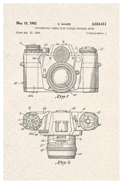 Vintage Camera Patent Diagram | 1962 Sauer Camera Print | Retro Photography Poster - Vintage & Retro Poster