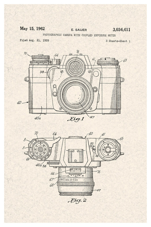 Vintage Camera Patent Diagram | 1962 Sauer Camera Print | Retro Photography Poster - Vintage & Retro Poster