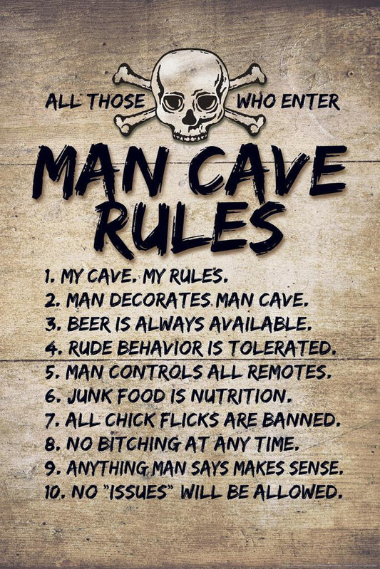 Man Cave Rules Sign | Funny Skull & Crossbones Poster | Rustic Wood Style Wall Art - Type & Quotes Poster