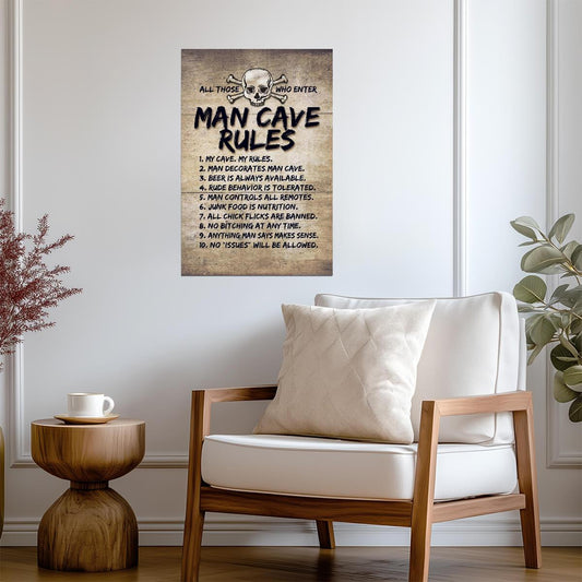 Man Cave Rules Sign | Funny Skull & Crossbones Poster | Rustic Wood Style Wall Art - Type & Quotes Poster