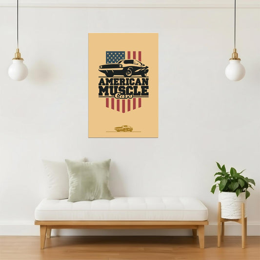 American Muscle Car Poster | Vintage V8 Racing Art | USA Flag Wall Decor