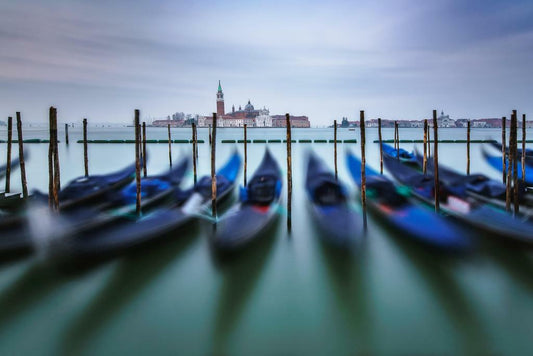 Gondolas in a Row at Dawn in Venice | Italy Skyline Photography | European Travel Poster - Photography Poster