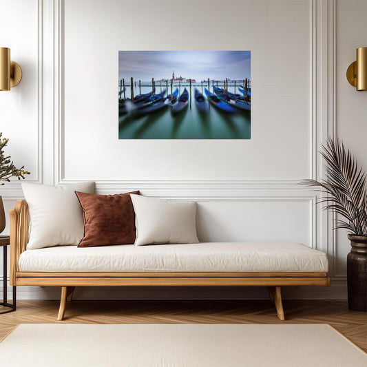 Gondolas in a Row at Dawn in Venice | Italy Skyline Photography | European Travel Poster - Photography Poster