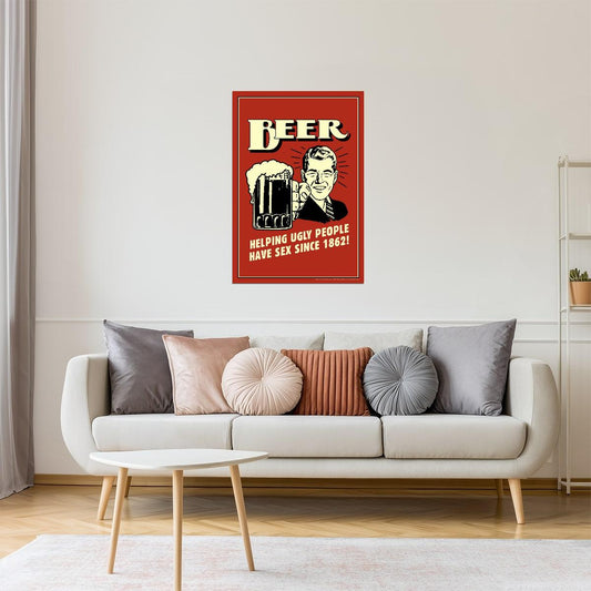 Funny Beer Helping Ugly People Poster | Retro Bar Humor | Man Cave Decor