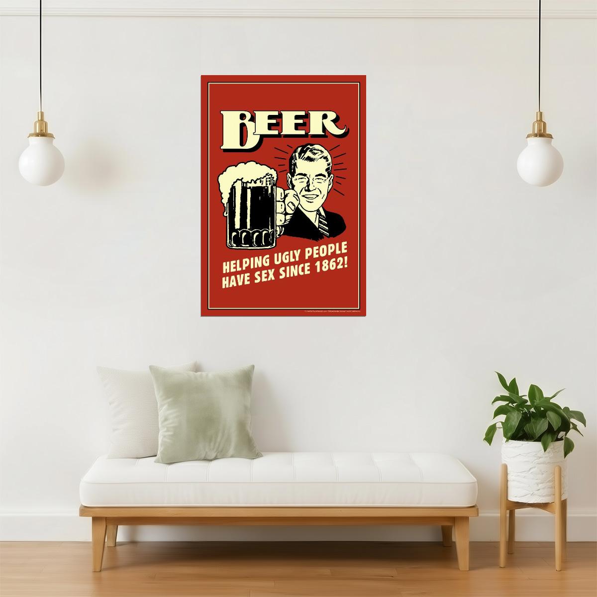 Funny Beer Helping Ugly People Poster | Retro Bar Humor | Man Cave Decor