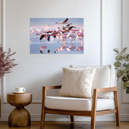 Pink Flamingos Wading in Water | Tropical Bird Photography | Wildlife Wall Art Poster - Photography Poster