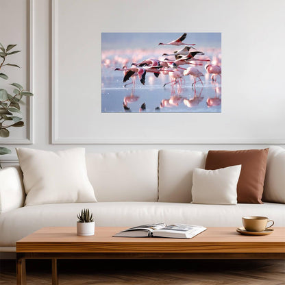 Pink Flamingos Wading in Water | Tropical Bird Photography | Wildlife Wall Art Poster - Photography Poster