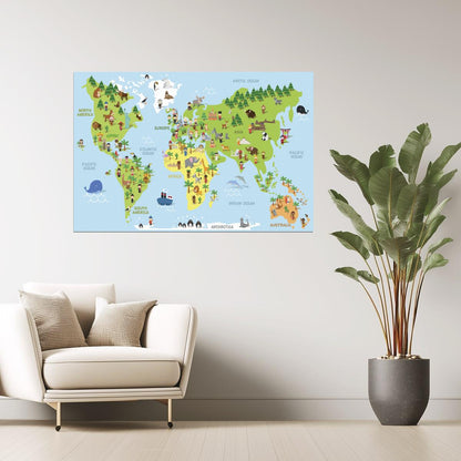 World Map | Cartoon Educational Map with Animals and Monuments Poster