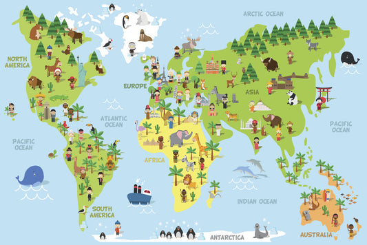 World Map | Cartoon Educational Map with Animals and Monuments Poster