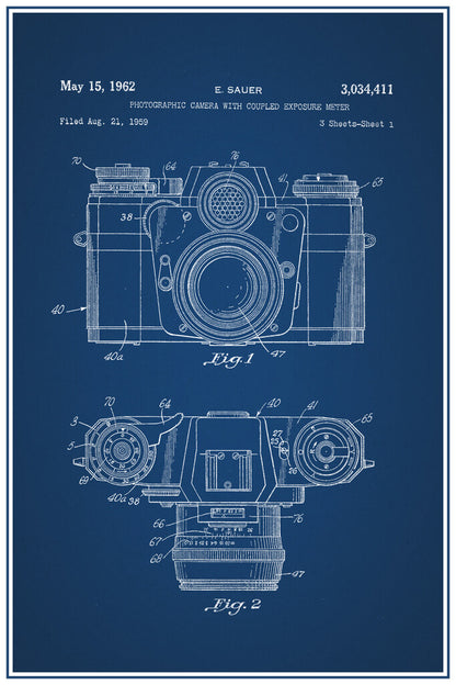 Vintage Camera Patent Blueprint | 1962 Sauer Camera Design | Retro Photography Poster - Vintage & Retro Poster